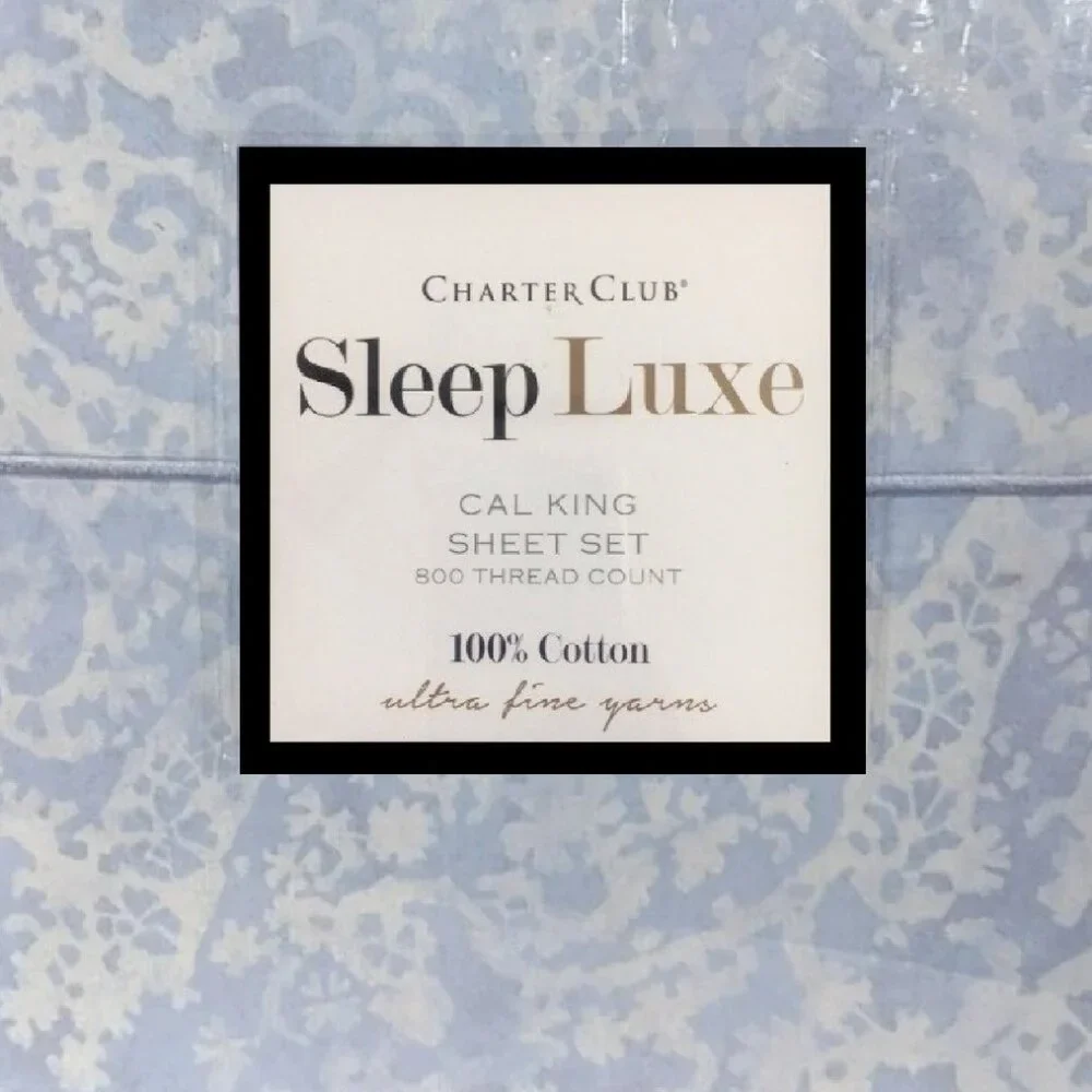 new Charter Club Sleep Luxe 800 TC Cotton CAL KING Sheet Set BLUE PAISLEY PRINT